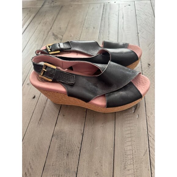 Worishofer Black Leather Cork Wedge Platform Strappy Sandals German Size 37 7 - Picture 1 of 8